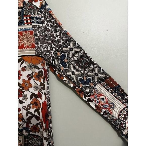 Boho Floral Geometric Quilt Square Pattern Long Sleeve Button-Down Shirt Kimono - Picture 15 of 16